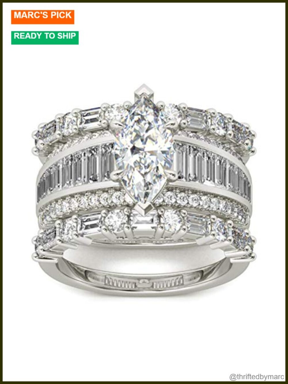 3PC Wedding Ring Set 14K Gold Plated Marquise Cut CZ Sterling Silver Bridal